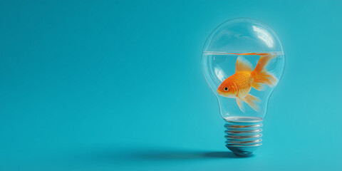 Light bulb filled with water and a goldfish symbolizing creative thinking and innovation on a bright turquoise background.
