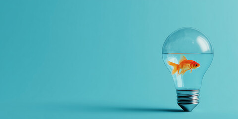 Light bulb filled with water and a goldfish symbolizing creative thinking and innovation on a bright turquoise background.