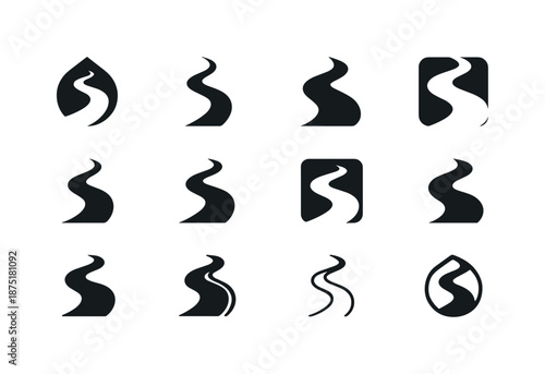 Stream Logo Variations. Stream. Icon set. Set Logo of stream: river bend. harmonious logo variations of the same emblematic concept, each with different