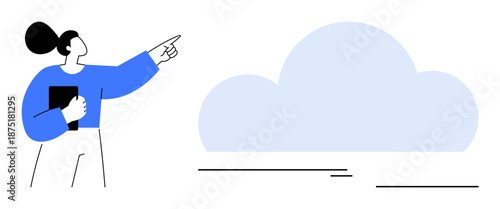 Woman pointing to a cloud, holding a tablet. Represents cloud computing, data storage, digital tools. Ideal for tech solutions, innovation, teamwork, IT services software Internet remote work
