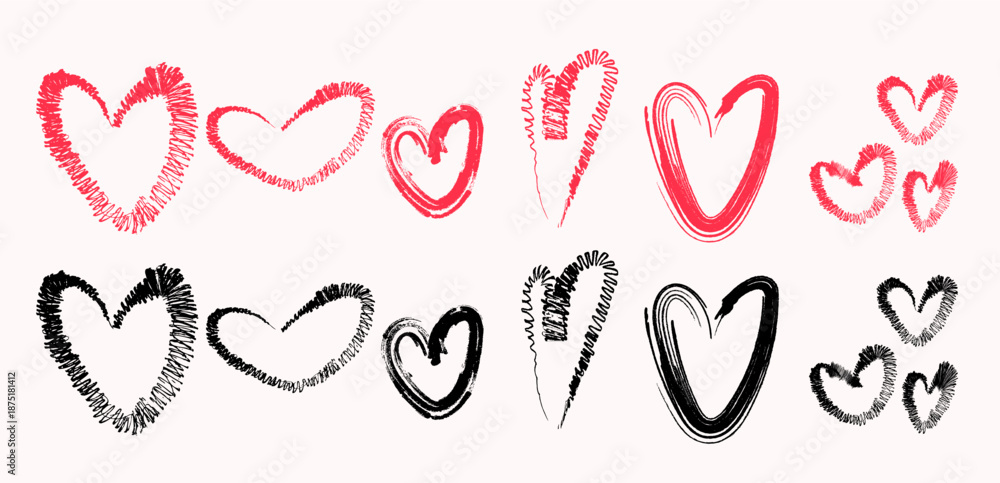 Obraz premium A set of hand-drawn crayon doodle hearts, sweet romantic sketches for love designs, cards, stickers, prints, and decorative illustrations