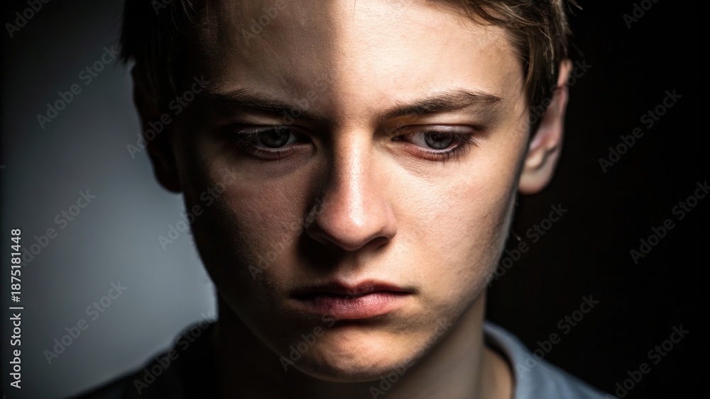Fototapeta premium Mental Health for Entrepreneurs A contemplative young man with intense expression and dramatic lighting.
