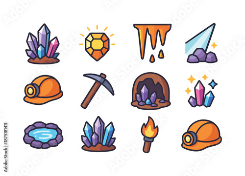 Colorful Crystal Cave Icons. Crystal cave. Colorful isometric vector icons set of crystal cave: quartz crystal, glowing gem, stalactites, light beam, miner?s