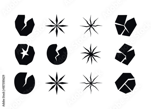 Crack Icon Set. Crack. Icon set. Set Logo of Crack: broken glass shard. harmonious logo variations of the same emblematic concept, each with different artistic