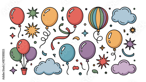 Floating Festive Delights: A collection of vibrant balloons, stars, and playful elements arranged to evoke a sense of joyous celebration. 