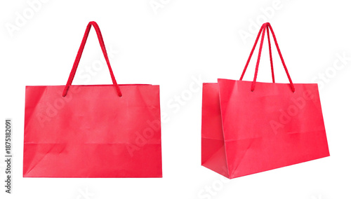 Set of red paper shopping bag with rope handle isolated.