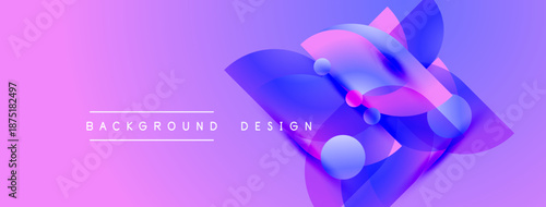 Abstract shapes overlap, creating vibrant purple, blue gradients. Modern design elements suggest dynamic movement, visual interest.