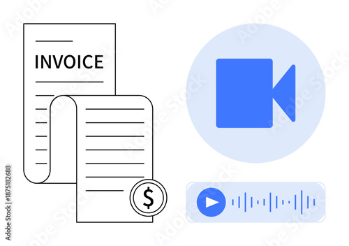 Online transactions, digital payments, financial technology, e-commerce management, video platforms, billing systems. Invoice with a coin, blue video icon audio playback element. Online transactions