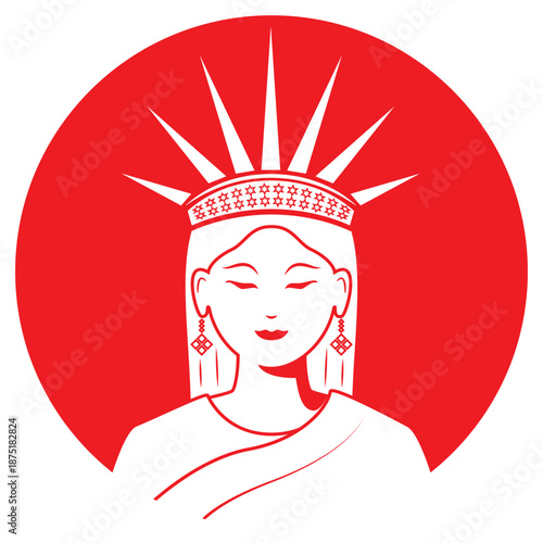 Line art illustration vector of beautiful lady with sun ray crown drawing in red and white