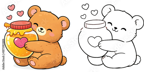A coloring sheet featuring a happy cartoon animal clutching a sweet pot with hearts and a cute teddy bear hugging a honey jar