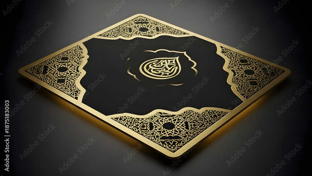 Fototapeta premium Luxurious Diamond-Shaped Islamic Art with Golden Geometric Patterns and Calligraphy