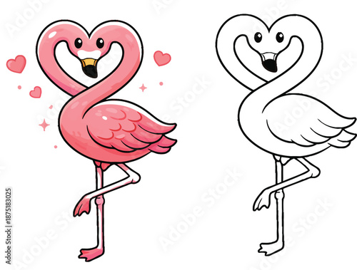 Adorable vector illustration of a pink flamingo creating a heart with a coloring page outline For Valentine's Day, a cute bird figure stands on one leg