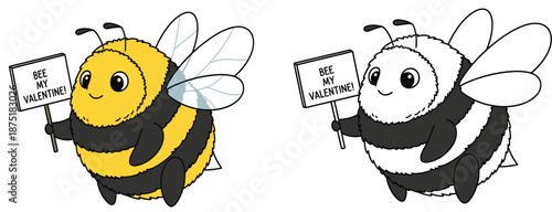 Adorable vector picture of a cartoon bee with a coloring page outline Holding a happy bumblebee character Bee My Valentine is a kid-friendly pastime