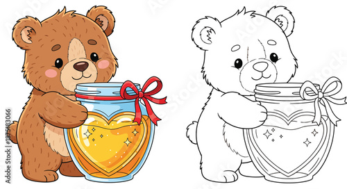 Cartoon teddy bear with sweet treats and a heart-shaped honey jar in a vector artwork for a coloring page