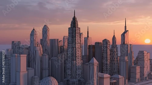 Modern City Skyline at Sunset with Dramatic Clouds.
