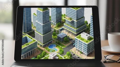 Modern Eco-Friendly Cityscape Architectural Design on Tablet Screen.