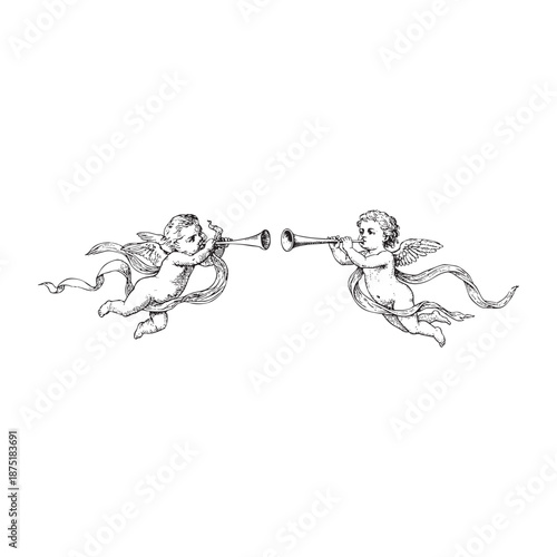 Vintage Style Etching of Two Flying Cherubs Playing Trumpets with Flowing Ribbons