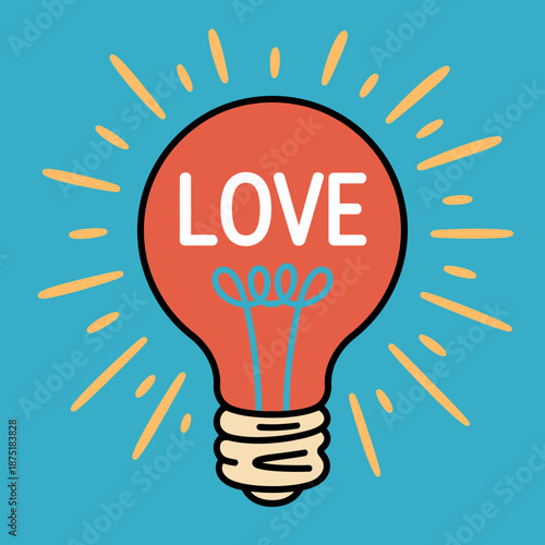 A bright light bulb illustration emits rays and features the word 'LOVE,' representing ideas, inspiration, and the warmth of affectionate feelings.