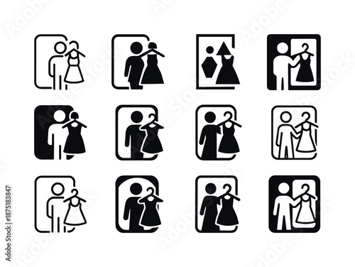 Clothing Icon Variations. Trying on clothes. Icon set. Set Logo of Trying on clothes: fitting room mirror. harmonious logo variations of the same emblematic