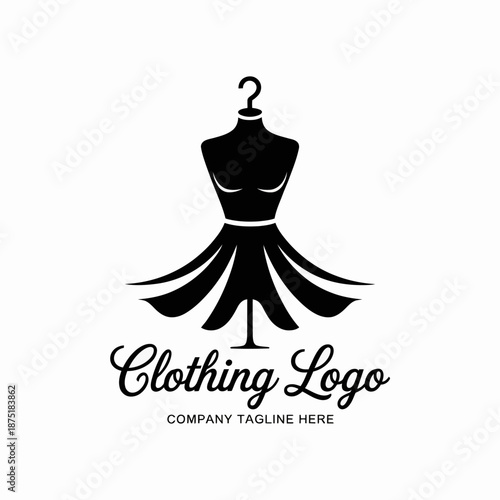A minimalist clothing logo design featuring a dress and a mannequin symbolizes fashion, elegance, and style, ideal for any clothing brand or retail business identity.