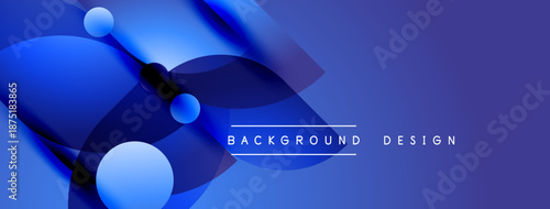 Abstract blue shapes overlap, creating dynamic modern background. Gradient shades provide depth, visual interest. Text reads background design.