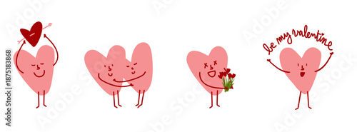 Personnages en forme de coeur pour envoyer son amour lors de la saint valentin. Modèles pour couvertures, identité visuelle et publicités sur le thème de la Saint-Valentin et célébrer l'amour 