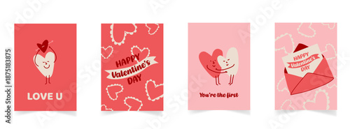 Modele de cartes pour la Saint Valentin. Envoyer son amour avec des illustration fait main : personnage en forme de coeur et ruban "happy Valentine's day". Modele vectoriel  rose