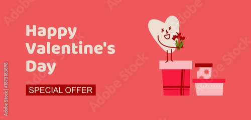 Modele de couverture pour la Saint-Valentin sur son site internet. Illustration vectorielle personnage en forme de coeur sur une pile de cadeaux, offrant des fleurs rouge