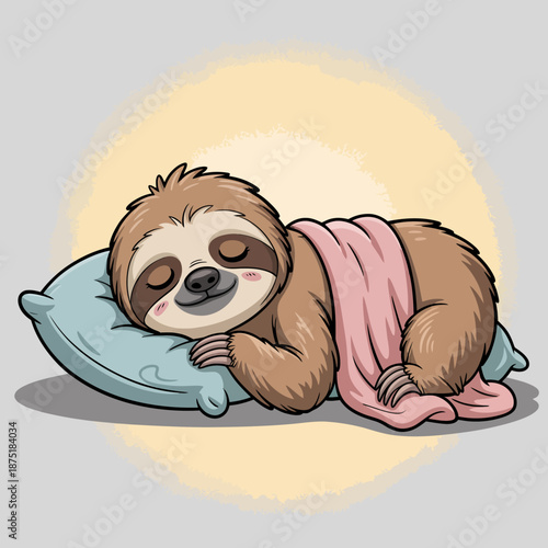 This cute illustration depicts a sloth peacefully sleeping on a pillow, representing relaxation, tranquility, and the charm of wildlife in a delightful and playful manner.