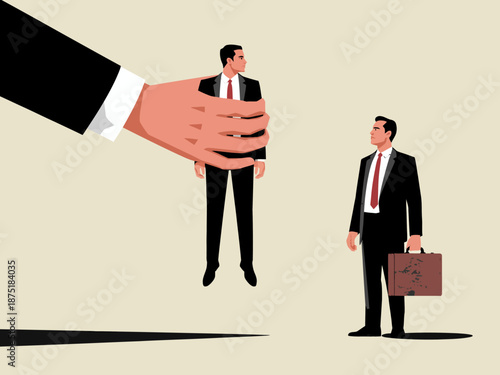 This image portrays a large hand manipulating a smaller figure in a business suit, symbolizing the influence and control that larger entities have over individuals in corporate settings.