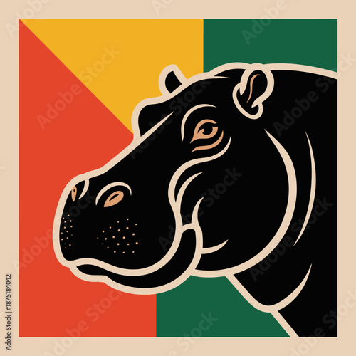 This artistic image showcases a stylized black hippo's head against colorful geometric backgrounds, representing strength and uniqueness in nature and wildlife.