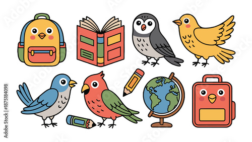 Back to School: A delightful collection of school items is beautifully integrated with charming cartoon birds, evoking a sense of joy and anticipation for the new academic year. 