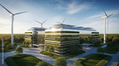 Modern Eco-Friendly Office Building with Wind Turbines.