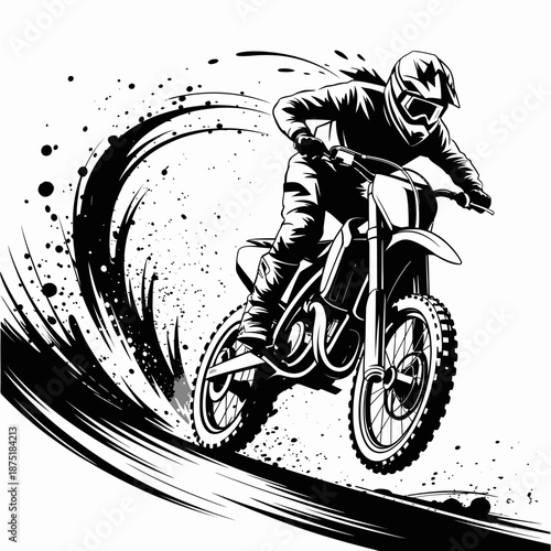 This powerful image captures a motocross rider speeding through a dirt track, showcasing the thrilling action and adrenaline of motorbike sports in a striking black and white style.