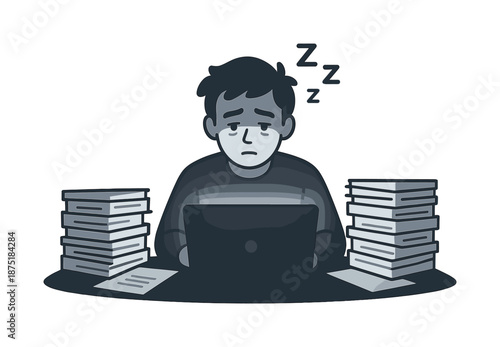 Late Night Grind. Night work session. A glowing laptop lights a focused character, paper stacks surrounding them in soft gradients. Floating Z?s show tired