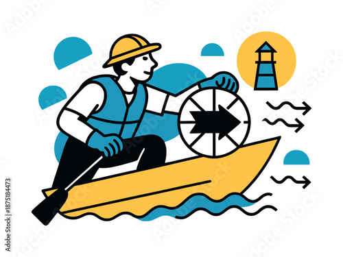 Guiding Rescue Vessel. Evac Boat Navigation. A rescuer steers the evacuation boat using a geometric wheel, with bold directional arrows and minimalist wave