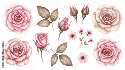 Pink flowers watercolor rose illustration. Watercolour Pink Beige floral isolated element set.