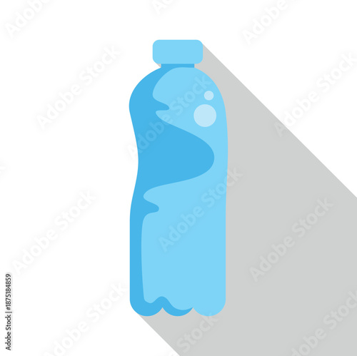 Blue plastic water bottle icon with a long shadow on a white background
