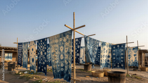 Multiple rows of blue indigo-dyed cloths with various geometric patterns hang from bamboo poles against a clear sky in a professional dyeing facility.