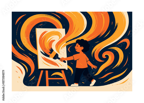 Child's Vibrant Artistry. Painting fun. A child sweeps broad brushstrokes across a canvas, vibrant swirls rising around them as inspiration takes shape. Color