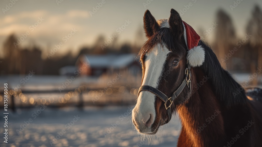 Obraz premium Horse Wearing Santa Hat in Winter Landscape