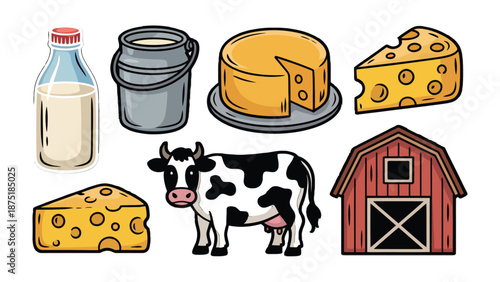 Dairy Delights: A cheerful assortment of dairy products and farm elements, showcasing milk, cheese, and a cow, painted in a bright and lively style.