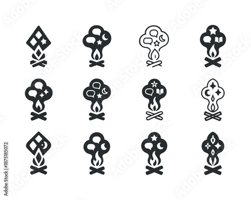 Storytelling Icon Set. Storytelling Practices. Icon set. Set Logo of Storytelling Practices: campfire with smoke forming narrative symbols. harmonious logo