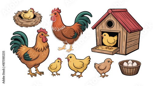Farmyard Family: A charming illustration depicts a family of chickens, including a proud rooster, fluffy chicks, and a cozy nest, all symbols of farm life and rural charm.