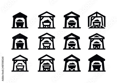 Underground Mining Icons. Underground Mining Techniques. Icon set. Set Logo of Underground Mining Techniques: mine shaft with carts. harmonious logo variations