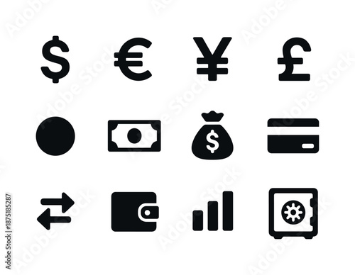 Currency Icon Set. Currency icons. Solid icon set of currency icons: dollar symbol, euro symbol, yen symbol, pound symbol, coin, banknote, money bag, card,