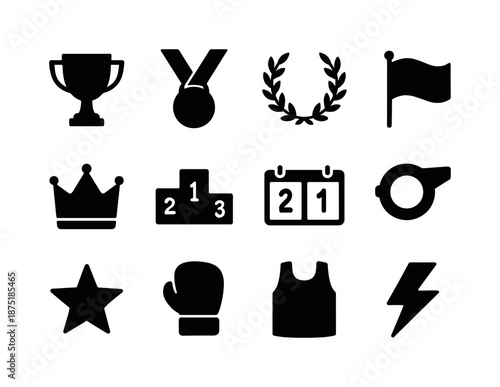 Championship Icon Grid. Championship. Solid icon set of championship: trophy, medal, laurel wreath, flag, crown, podium, scoreboard, whistle, star, glove,