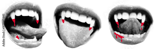 Open mouths of vampire with different emotions cut out from magazine, halftone collage stickers. Sharp fangs with drops of blood, creepy bite, creepy halloween, bite.