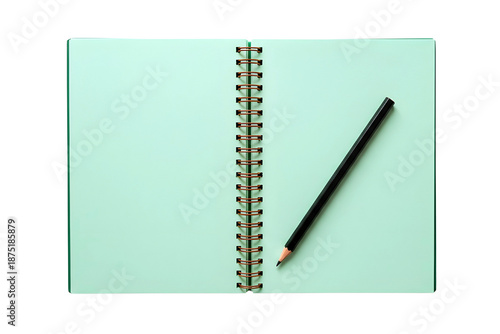 Open notebook and pencil isolated on transparent background