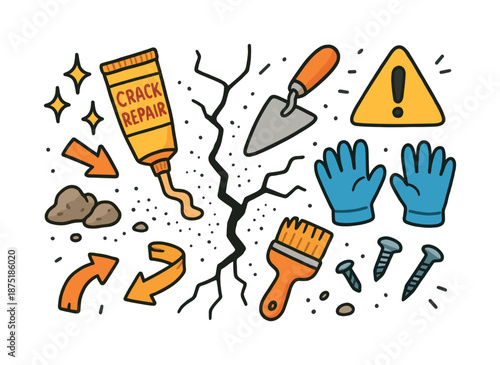 Colorful Crack Repair Doodles. Crack Repair. Colorful Hand-drawn doodle Children illustration filler tube, trowel, cracked line, dust specks, stones, gloves,